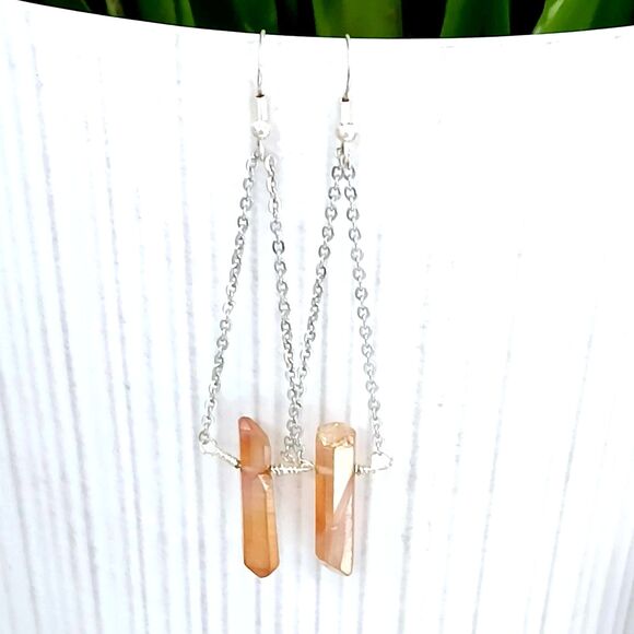 Dyed Orange Quartz Crystal Point Dangles, Gemstone Boho 3.5" - Picture 3 of 5